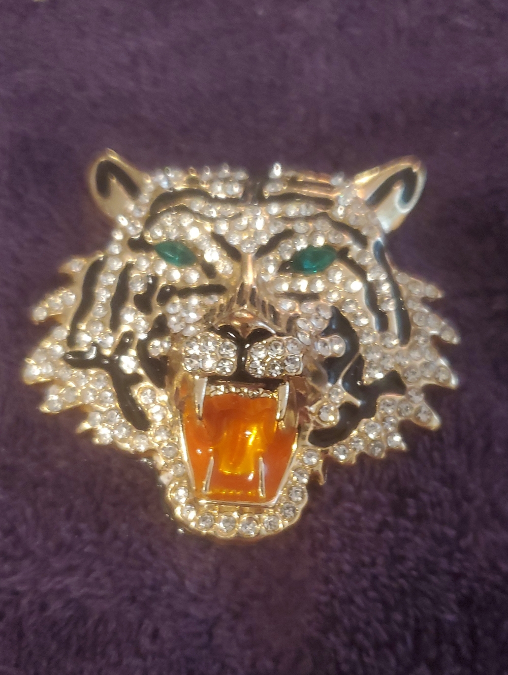 Gold-Tone Tiger Head Crystal with Amber Tongue